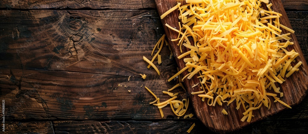 Poster Rustic wooden board with shredded sharp cheddar cheese viewed from below perfect for adding text Includes a copy space image