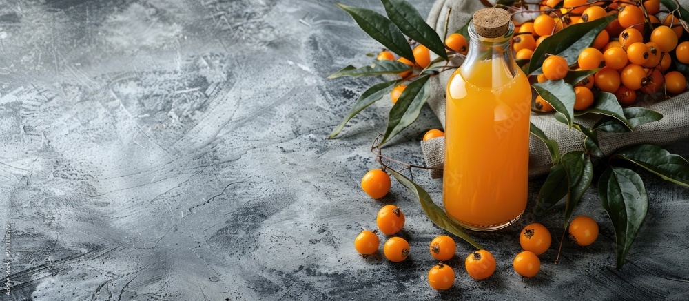 Poster Gray table with a delicious sea buckthorn juice bottle allowing for copy space image