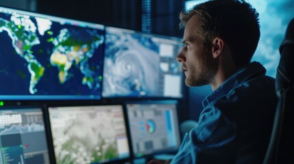 meteorologist monitoring weather at screen, weather forecast concept