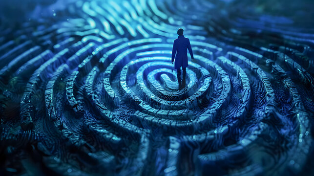 Psychology, psychiatry and mental health. Vector philosophic line illustration of man, searching for the meaning of life, labyrinth, fingerprint and life path for poster, magazine cover and background