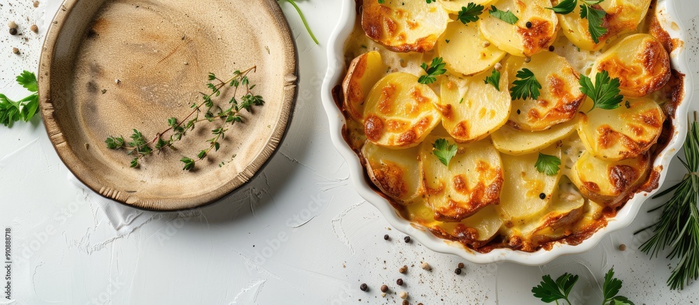 Poster top view of a traditional homemade potato casserole with herbs on a white background with a clear ar