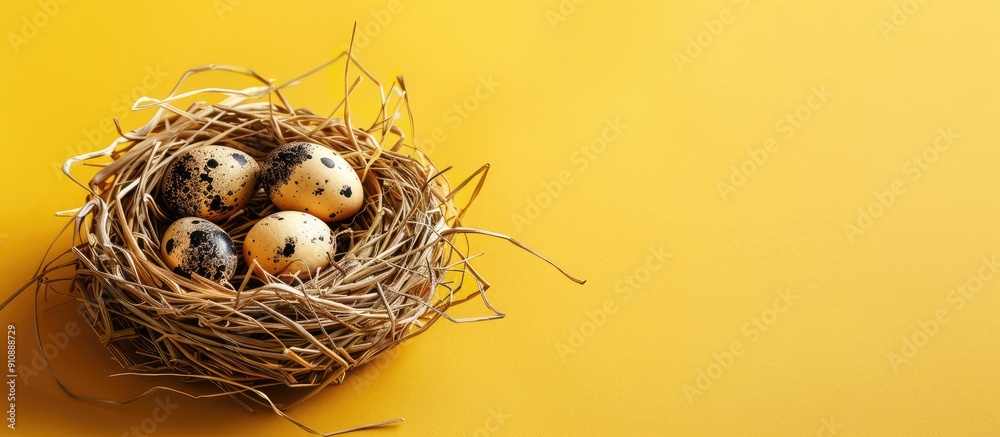 Poster straw nest with quail eggs wooden bird feeder on yellow background perfect for easter concept with f