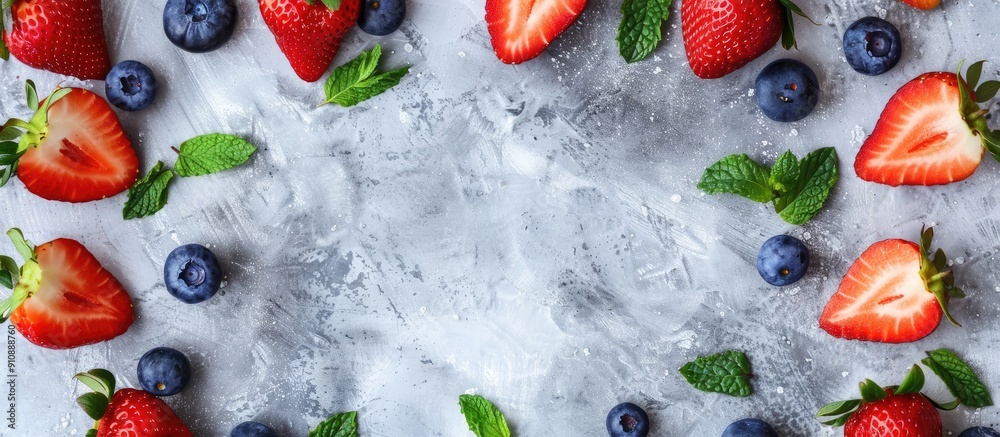 Leinwandbilder a background in shades of gray with fresh strawberry and blueberry halves and mint leaves neatly arr