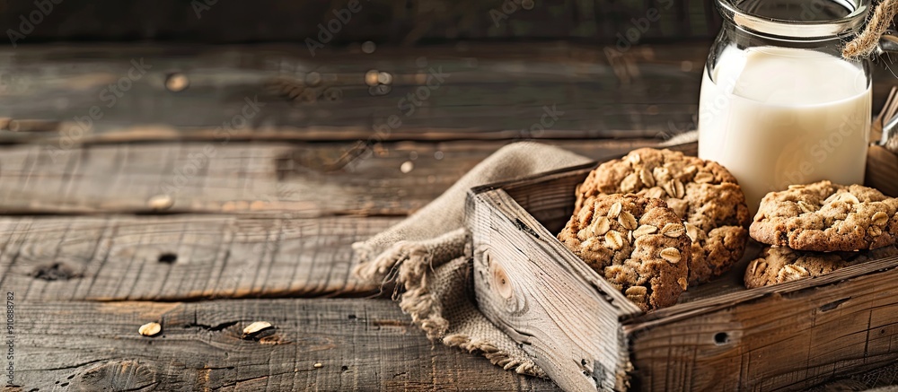 Aufkleber Oatmeal cookies and milk on a rustic wooden table tray with a copy space image