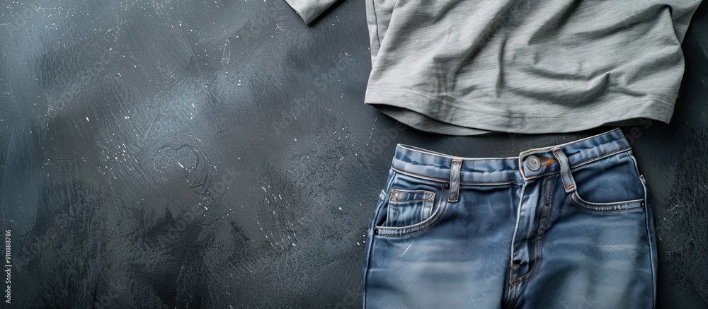Poster top view of a grey background with a cotton t shirt and jeans showcasing a copy space image