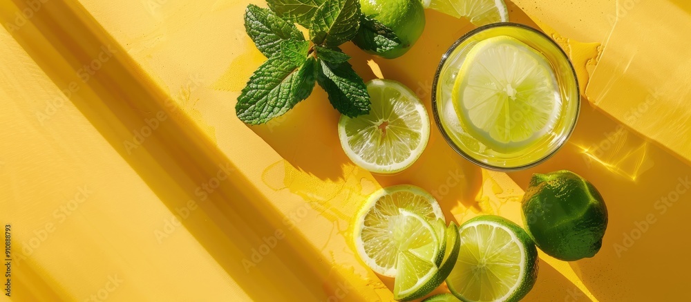Aufkleber refreshing summer cocktail featuring lemonade lime slices mint in a glass tumbler on a yellow backdr