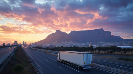 Transporting Goods at Sunset: White Logistics Truck on Freeway Approaching Table Mountain - Photo Realistic 4K