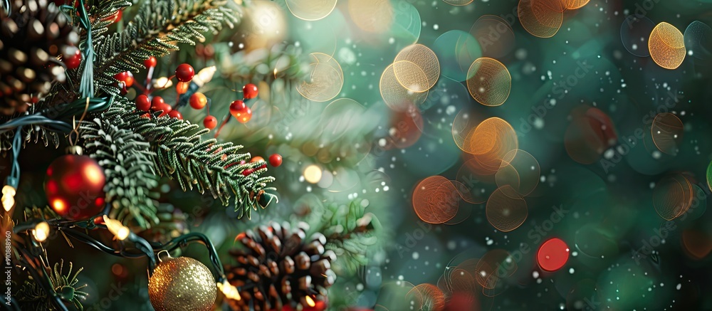 Poster festive christmas decorations adorn the tree with a selective focus creating a joyful holiday ambian