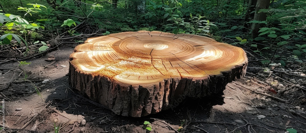 Aufkleber a pine tree stump displaying growth rings cracks and offering space for a picture. creative banner. 