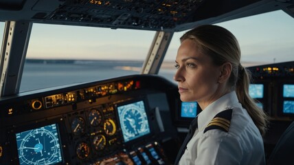 Captain and woman copilot getting ready to fly airplane