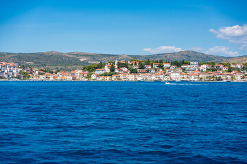 Fototapeta premium Panoramic wiew of Rogoznica town from blue Adriatic sea in Croatia