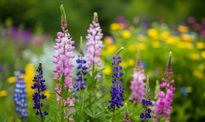 Obraz premium vibrant pink, purple, and blue lupine flowers blooming in a lush green meadow with a blurred background of yellow and white flowers.