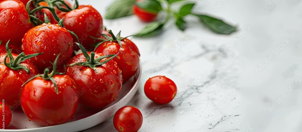 Poster Tomatoes displayed on the table with a white backdrop for copy space image