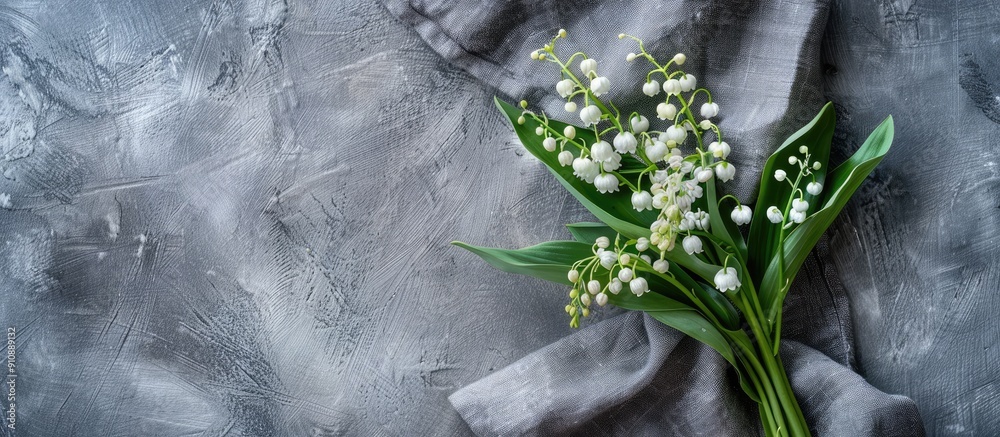 Poster top view of a rustic greeting card concept with a bouquet of white lilies of the valley and green le