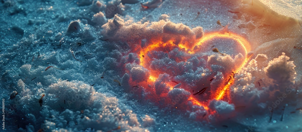 Poster Creating a heart shaped drawing on the glittering snow with a radiant surface emanating light providing a picturesque copy space image