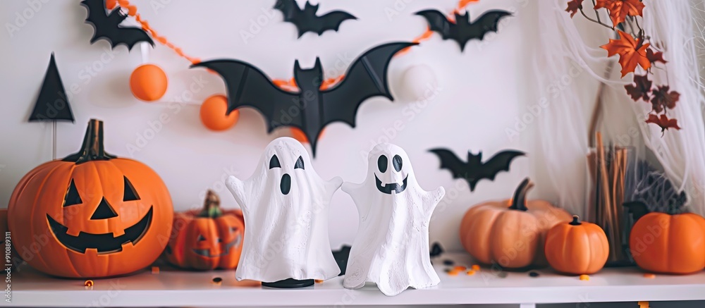 Aufkleber a halloween themed shelf setup features wooden ghost and pumpkin decorations on a white wall with ba