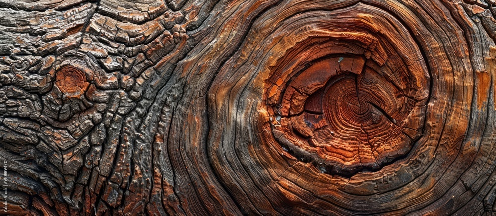 Aufkleber Polished tree trunk with a prominent knot and a distinctive brown wood pattern provides a visually captivating copy space image