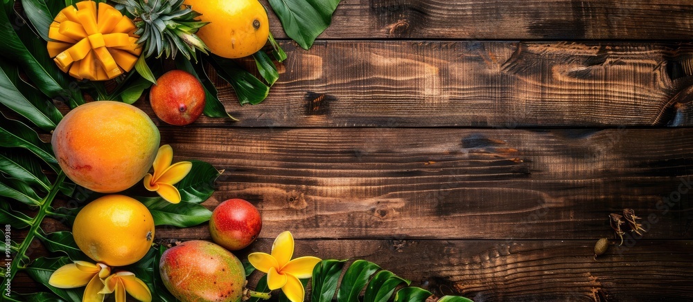 Poster top view of tropical fruits like mango on a wooden backdrop with copy space image
