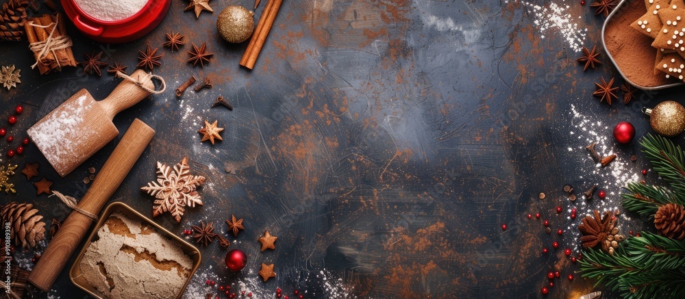 Poster festive baking scene with christmas themed background featuring a baking tin rolling pin and copy sp