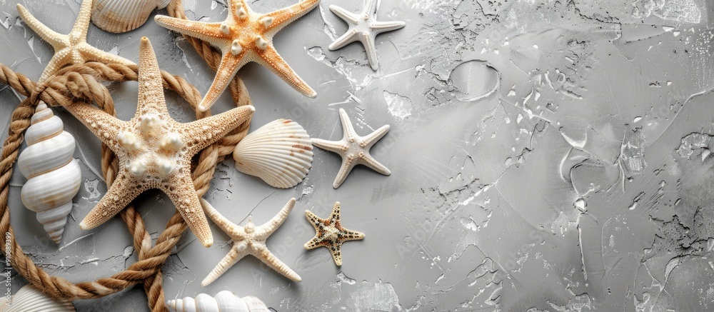 Poster Nautical themed background in gray hues adorned with starfish seashells and rope elements on a copy space image