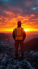 Obraz premium Civil Engineer Admiring Dramatic Sunset Over Construction Site