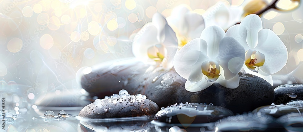 Poster White orchid displayed on rocks spa theme with a copy space image
