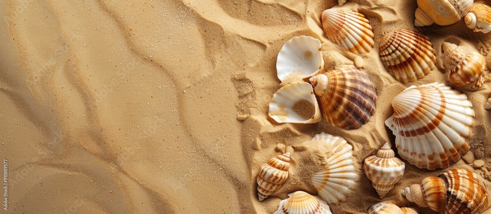 Poster Seashells and sand with copy space image