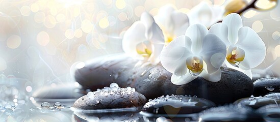 White orchid displayed on rocks spa theme with a copy space image