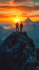 Fototapeta premium Hikers Assisting Each Other Reach Mountain Peak at Vibrant Sunset
