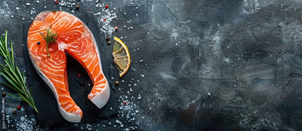 Aufkleber a fresh raw salmon steak displayed on a dark background ideal for cooking or grilling creating a str