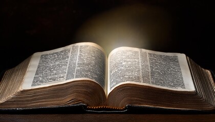 Fototapeta premium A vintage Holy Bible open to a significant passage, set against a dark, shadowy background