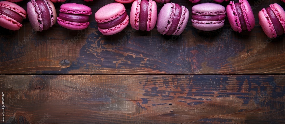 Aufkleber Purple and pink macaroons arranged on a vintage wooden dark background creating a decorative border in a top view flat lay setting with copy space image