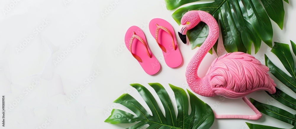Poster White background with a squishy flamingo toy and pink beach flip flops allowing for copy space image