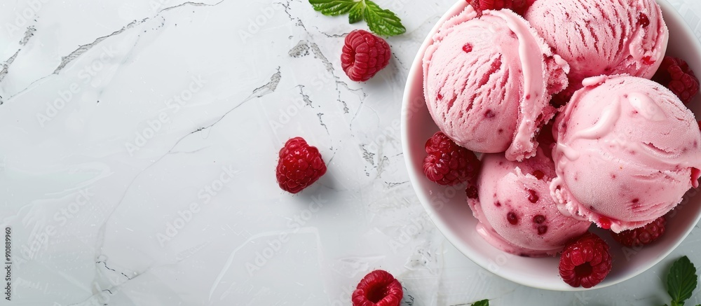 Poster A top view of pink ice cream with raspberries on a white table offering copy space for text in a horizontal background setting