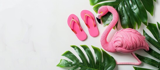 White background with a squishy flamingo toy and pink beach flip flops allowing for copy space image