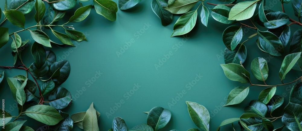Poster creative minimalism with a frame composed of fresh green leaves on a green background provides a str