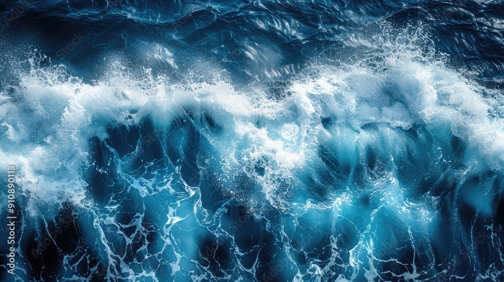 Wall mural aerial top view background photo of ocean sea water white wave splashing in the deep sea