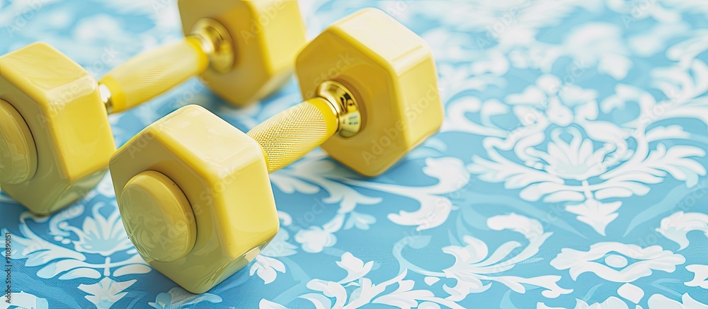 Aufkleber Dumbbell weights in yellow shade positioned against a backdrop of a blue pattern with ample copy space image included
