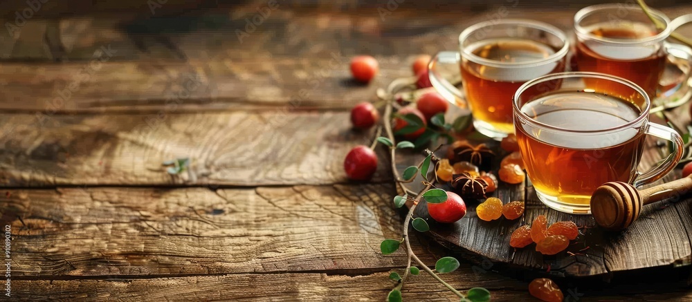Poster warm rosehip tea with honey and dried fruits displayed on a wooden table creating a cozy ambiance in