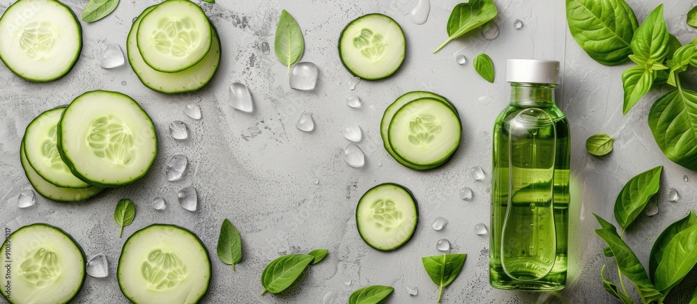 Fototapete Spa treatments using cucumber soap a bottle of cucumber extract and cucumber slices displayed in a copy space image for body care products