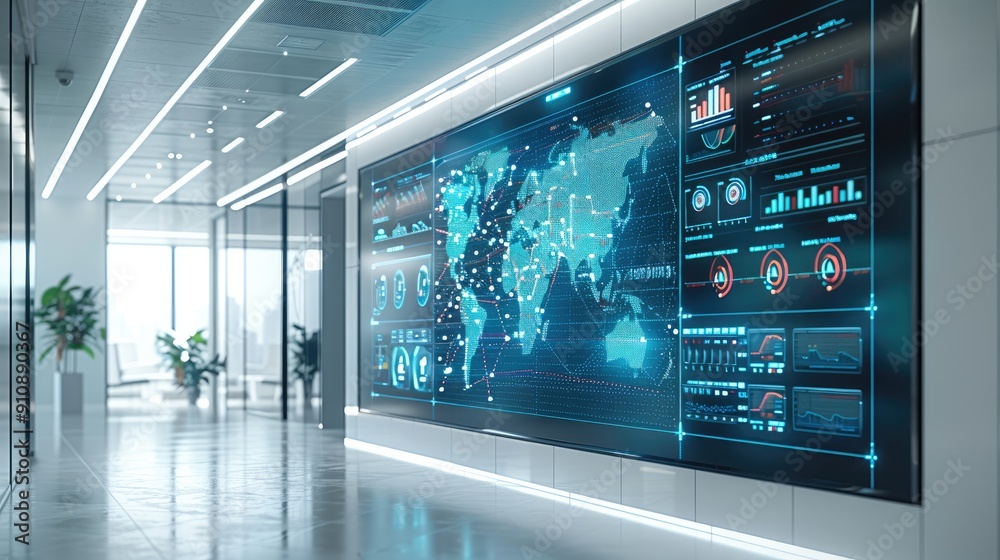 Poster A digital wall display in a high-tech office showing comprehensive health data analysis with layered visualizations and intricate details. Generative AI.