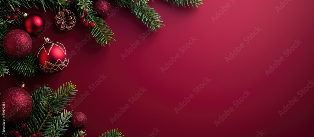 Aufkleber festive christmas backdrop with fir branches and ornaments on a crimson background perfect for copy 