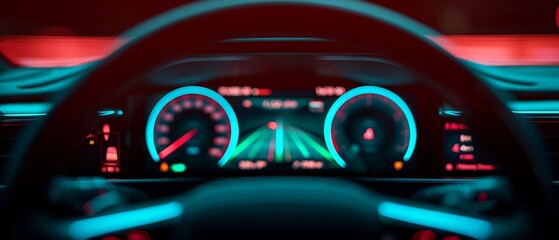 modern car dashboard with digital display, illuminated gauges, and steering wheel in a night driving environment.