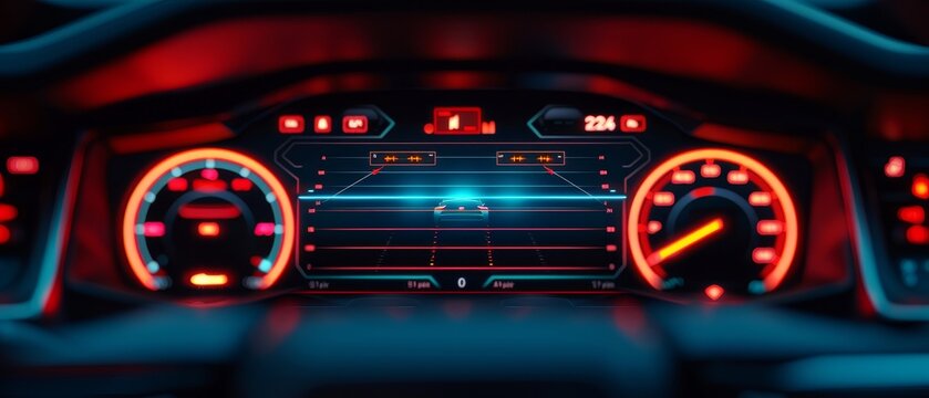 modern car dashboard with red and blue illuminated gauges and display at night - technology, futuristic, automotive, interface, interior. - Powered by Adobe