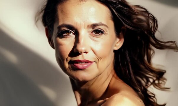 Portrait video of a Italian woman in her 40s against an abstract background