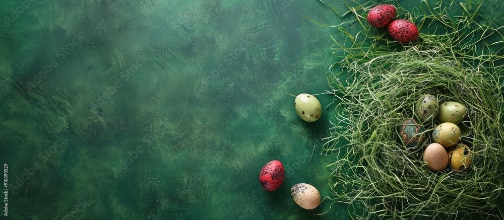 Poster nest of artificial grass with easter eggs on a green backdrop leaving room for a copy space image