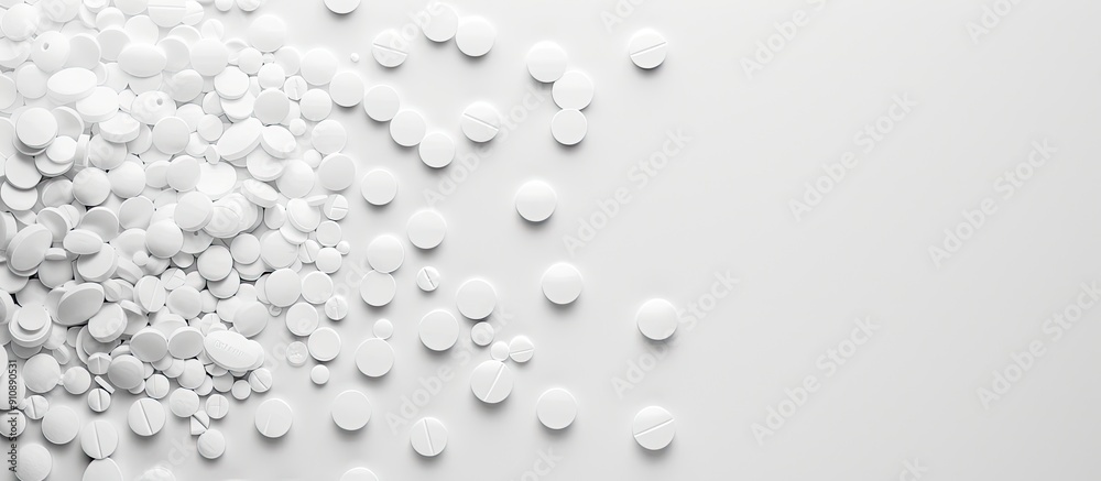 Poster White pills scattered on a white backdrop create a vibrant monochromatic image with space for text Related to pharmacy. Creative banner. Copyspace image