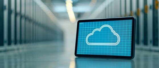 cloud computing technology concept with tablet device in server room data center environment.