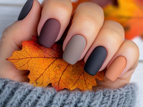 Matte ombre nails in autumn colors, hands holding fall leaves, seasonal manicure.