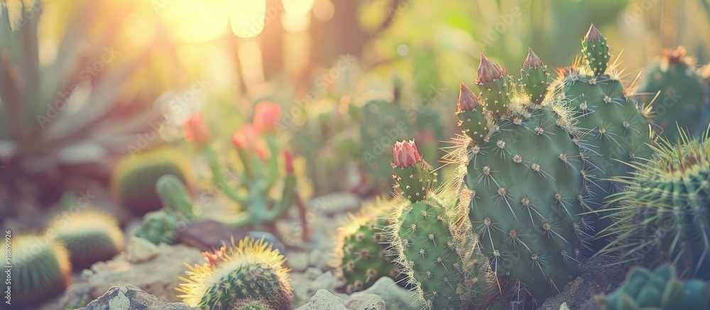 Poster Vintage filter applied to soft selective focus image of cactus plants with copy space image
